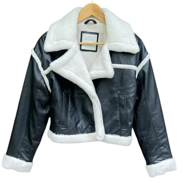 Hollister Cropped Moto Jacket S Black Vegan Leather Faux Fur Sherpa Lined Y2K - Image 6