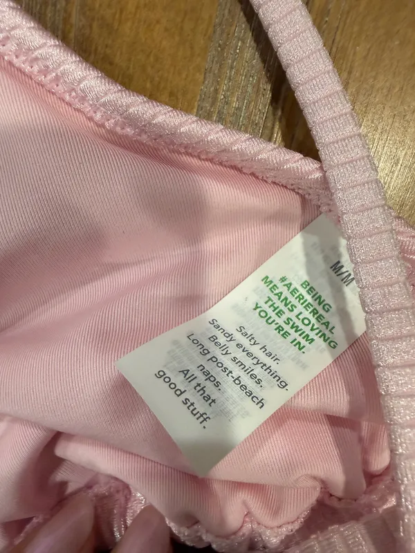 Aerie Shine Rib Bikini Swim Set Medium String Triangle Top & Bottom Pink NWT - Image 5