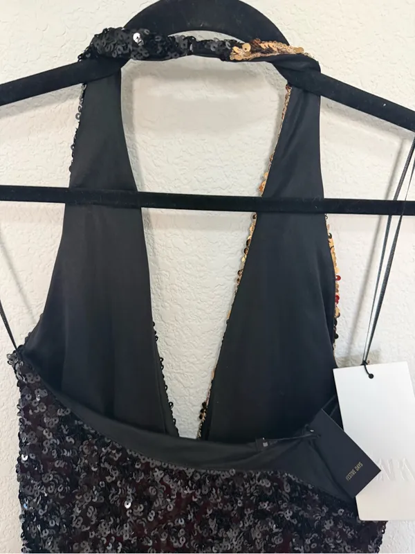 ZARA Gold and Black Sequin Halter Top Size Small Glam Festival Metallic - Image 9