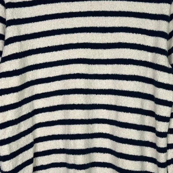 J. Crew Striped Knit Boucle Mock Neck Long Sleeve Sweater L Cream Navy Blue - Image 10