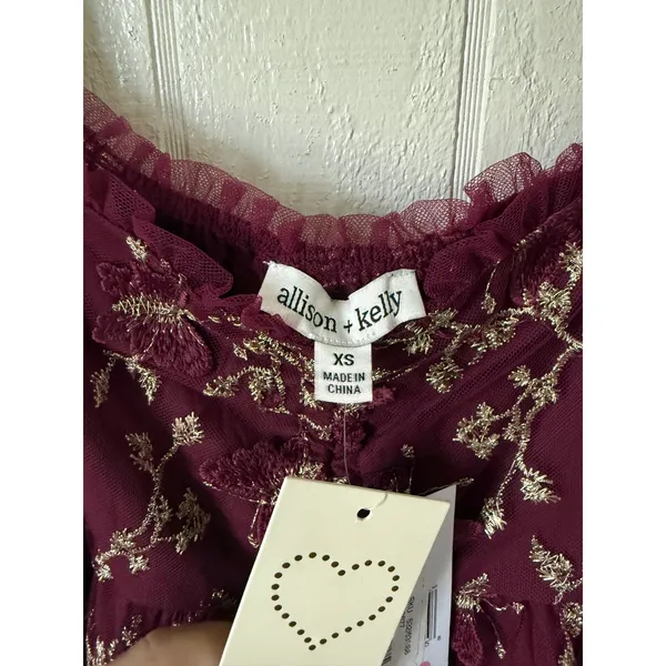 Allison + Kelly Burgundy Butterfly Embroidered Mesh Puff Sleeve Mini Dress XS - Image 2
