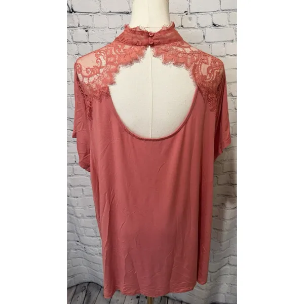 Haute Hippie coral-colored short-sleeve top featuring a sheer lace yoke XL - Image 5