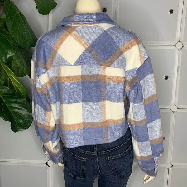 Plaid Print Drop Shoulder Crop Overcoat Size Large Blue - Image 6