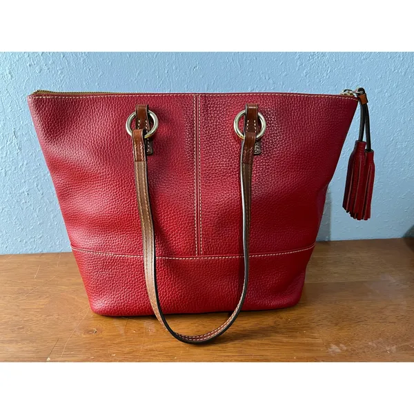 VTG Dooney & Bourke Red Pebble Leather Shoulder Tote Bag Y2K Leather Tassel - Image 2