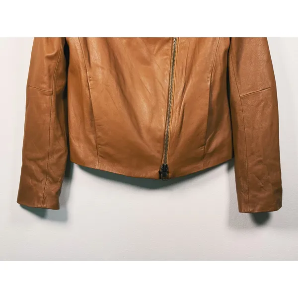 Vince Lamb Leather Moto Jacket Womens Size XS Walnut Camel Old Money Luxury Fall - Image 9