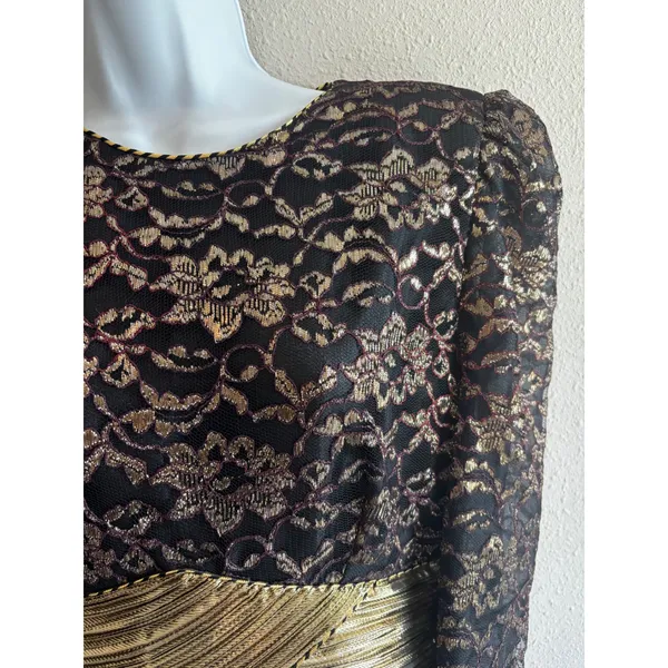 Ricki Lang‎ for Steven Stoll Gown Size 12 Black Gold Metallic Lace Pleated Maxi - Image 10