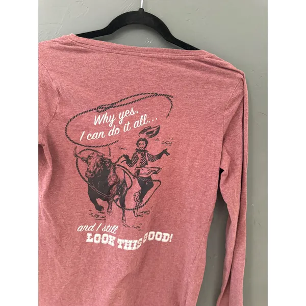 Ariat Womens Small Pink V-Neck Long Sleeve Graphic Tee Cowgirl Rodeo Lasso Shirt - Image 2