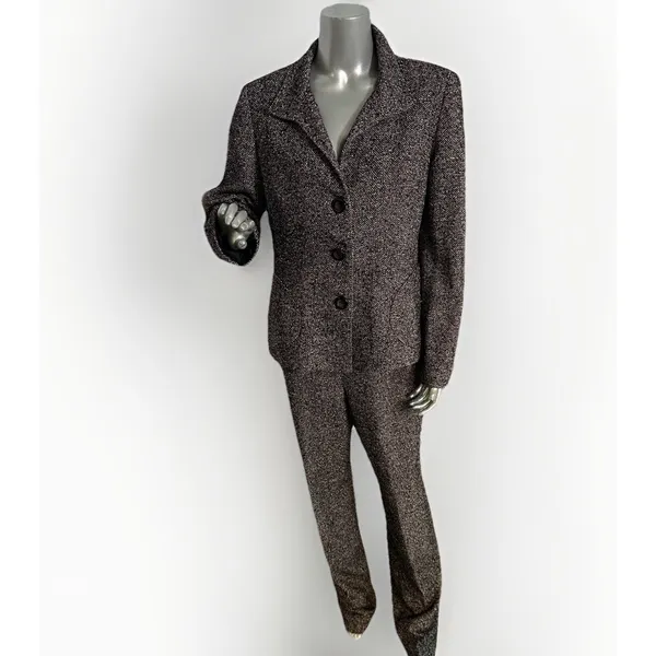 Vintage Carlisle Black White Marled tweed herringbone Pant Suit Wool Blend 12 - Image 3