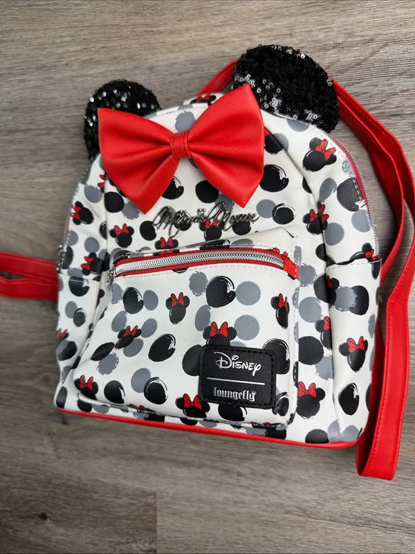Loungefly Disney Minnie Mouse Mini Backpack Red Bow Black Sequin Ears Vegan - Image 6