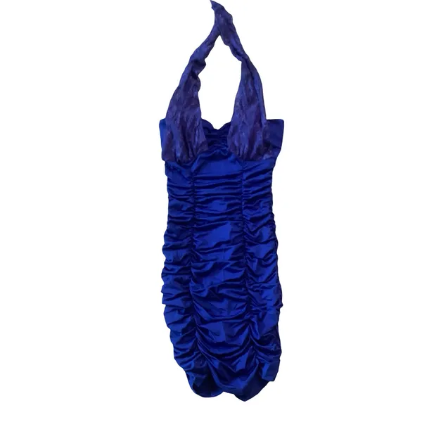Solid Ruched Halter Bodycon Dress Blue Size XS - Image 4