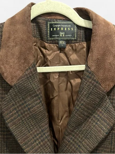 Vintage Express Wool Plaid Blazer Leather Collar Equestrian 90s L - Image 8