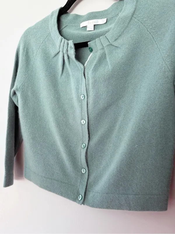 Boden 100% Cashmere Cropped Cardigan Pleated Neck Sage Green Size US 4 - Image 2