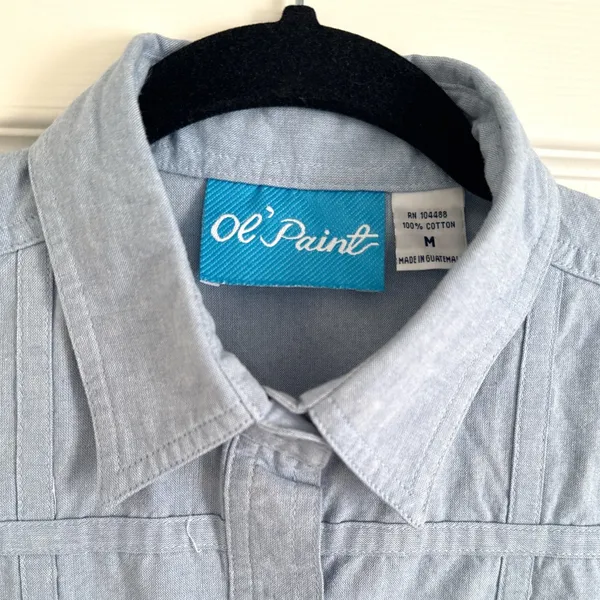 Ol' Paint Retro Western‎ Shirt Textured Cotton Light Blue Button Up Women's M - Image 3