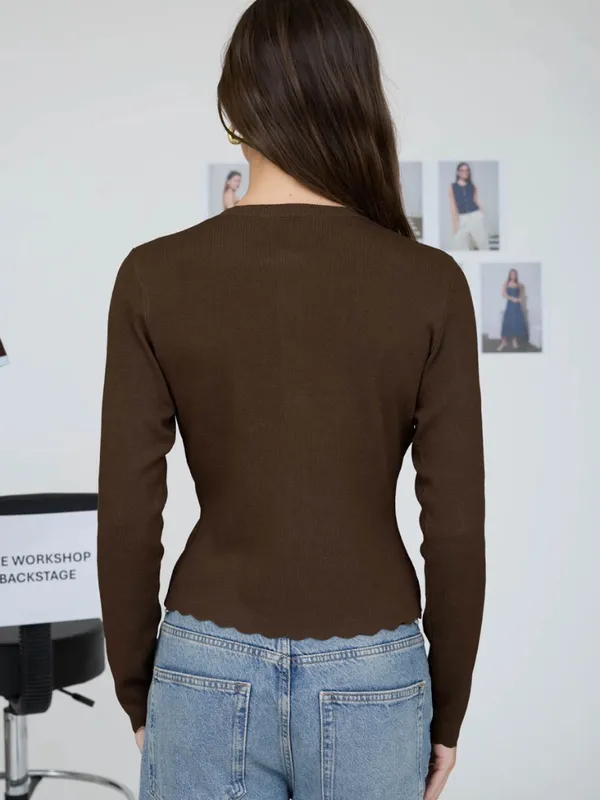 Brown Scalloped Button Front Knit Cardigan Sweater NWT Large - Image 2