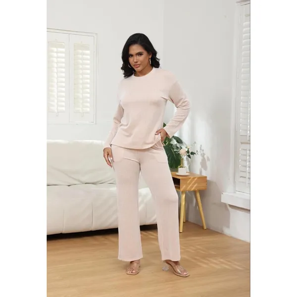 NEW 2 Pc Lounge Travel Outfit Ribbed Knit Long Sleeve Wide Leg L - Image 6