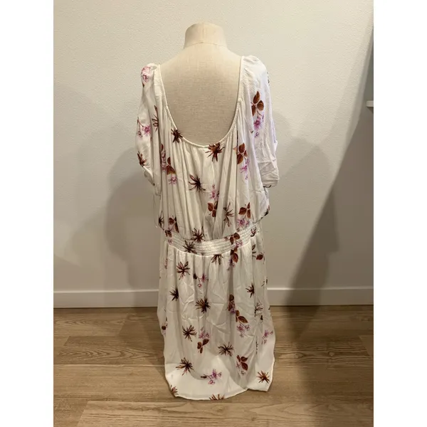 Dip Floral Smocked Waist Midi Dress White Brown Purple Short Sleeve Womens 3X - Image 2
