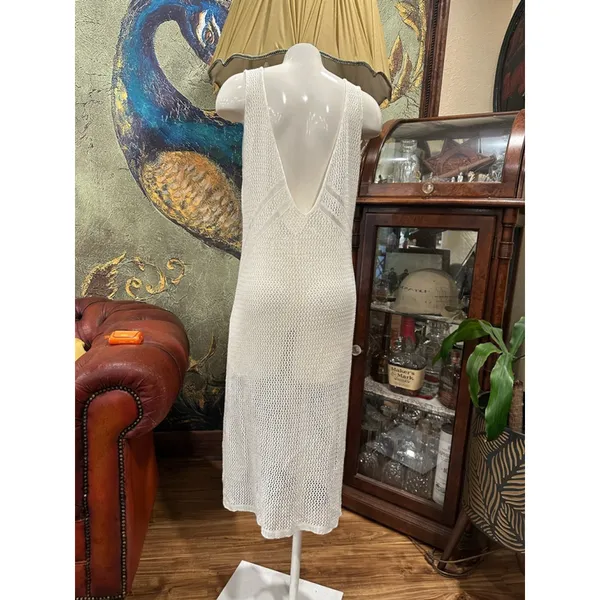 Boho Crochet Knit Maxi Cover Up Dress White Sleeveless V-Back Summer Resort - Image 8