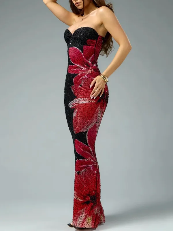 Windsor Black Strapless Sequin Gown with Red Floral Motif - Image 2
