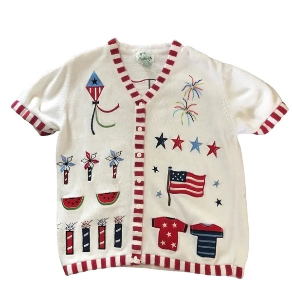 Quacker Factory Costal Grandma America Patriotic Cardigan Sweater M Stars Flags - Image 2