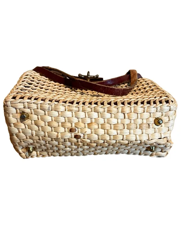 Vintage 1980'S Dark Mahogany Brown Leather And Straw Shoulder Tote Bag - Image 9