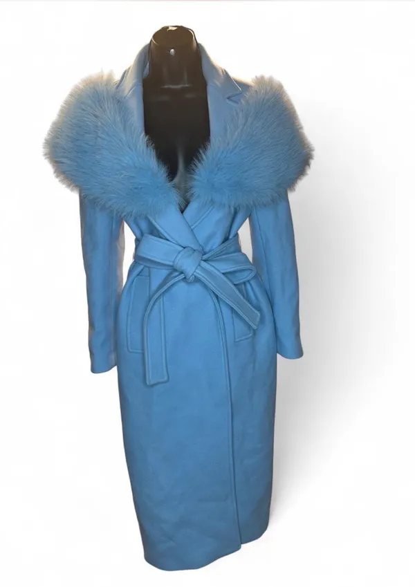 Zara Manteco Blue Wool Blend Coat with Fur Trim Size L #manteco #luxury - Image 2