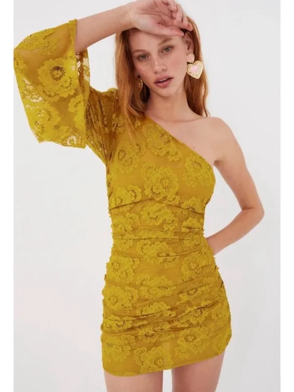 For Love & Lemons Tiana lace Gold Mustard Yellow mini Dress Size XS One Shoulder - Image 2