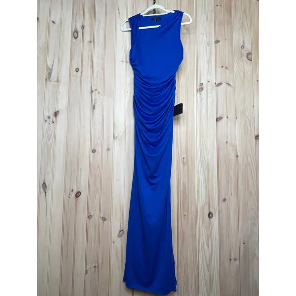 NWT Lulus Enticing Darling Royal Blue Asymmetrical Ruched Maxi Dress Gala Sz L - Image 2