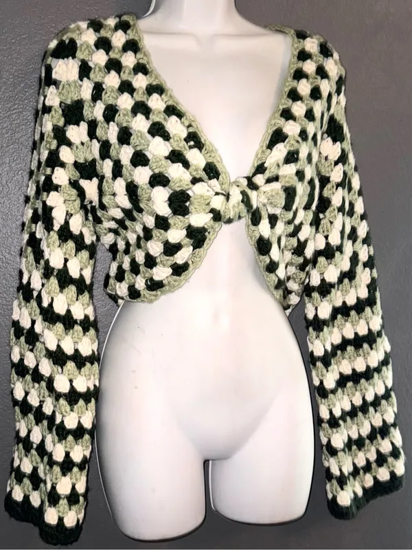 Handmade Crochet Granny Square Cardigan Tie Front Green Crop Top Small Medium - Image 8