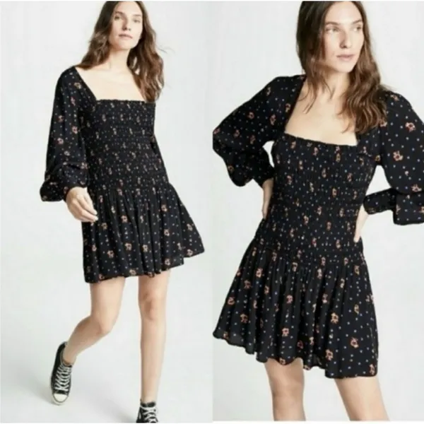 Free People-M Floral Long Sleeve Smocked Mini Dress Romantic Boho-Chic Babydoll‎ - Image 2
