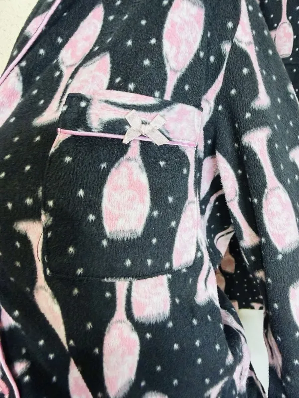 Charter Club Intimates Pajama Set Sz L Black Pink Wine Glasses Fleece Pockets - Image 4