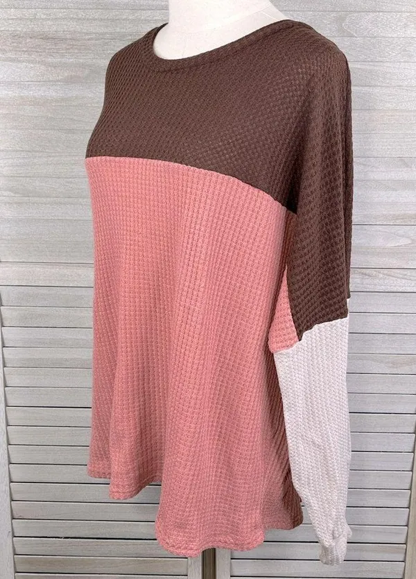 Waffle Knit Color Block Long Sleeve Tee Brown, Pink, Taupe-Large - Image 2