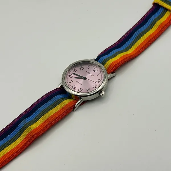 Geneva Silver Multicolored Cloth Band Women’s Watch Working New Battery - Image 4