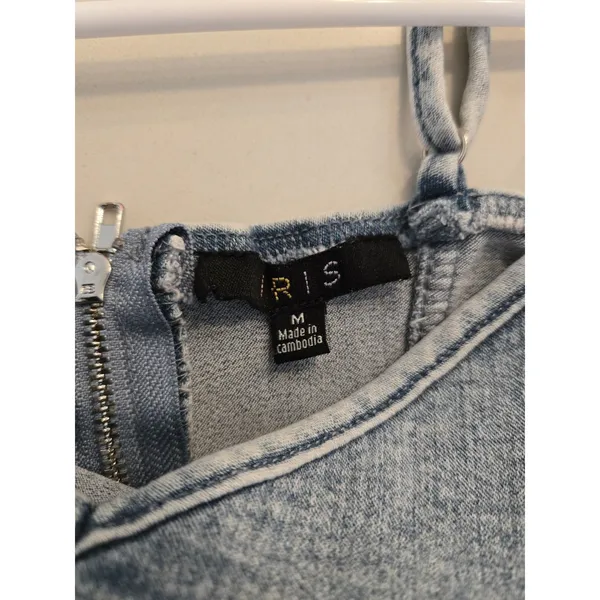 Iris Acid Wash Denim Mini Dress Spaghetti Strap V Neck Zip Back Women Size M Y2K - Image 5