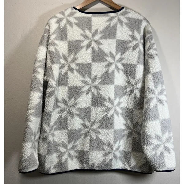Lands’ End Women LARGE White Gray Sherpa Fleece Pullover Sweatshirt Holiday - Image 9