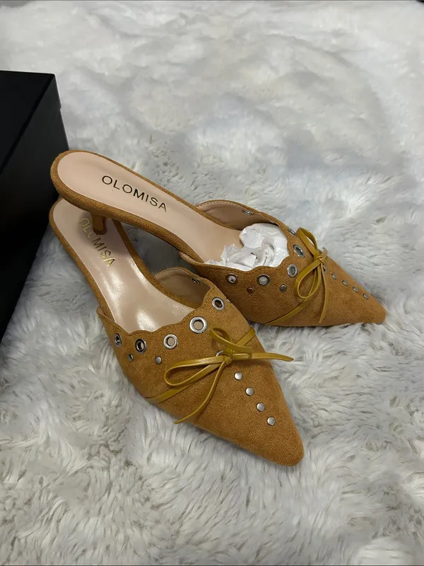 Olomisa Faux Suede Kitten Heel Mules Mustard - Image 9