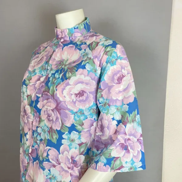 Vintage Handmade Housedress Floral Dress Purple Blue‎ Zip-Front Stand-Up Collar - Image 9