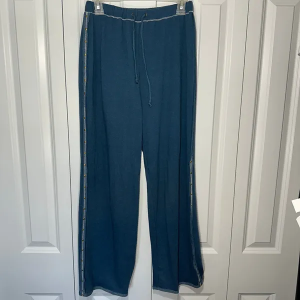 Y2K Blue Wide Leg Pants Women M Drawstring Athleisure Studded Side Stripe Lounge - Image 2