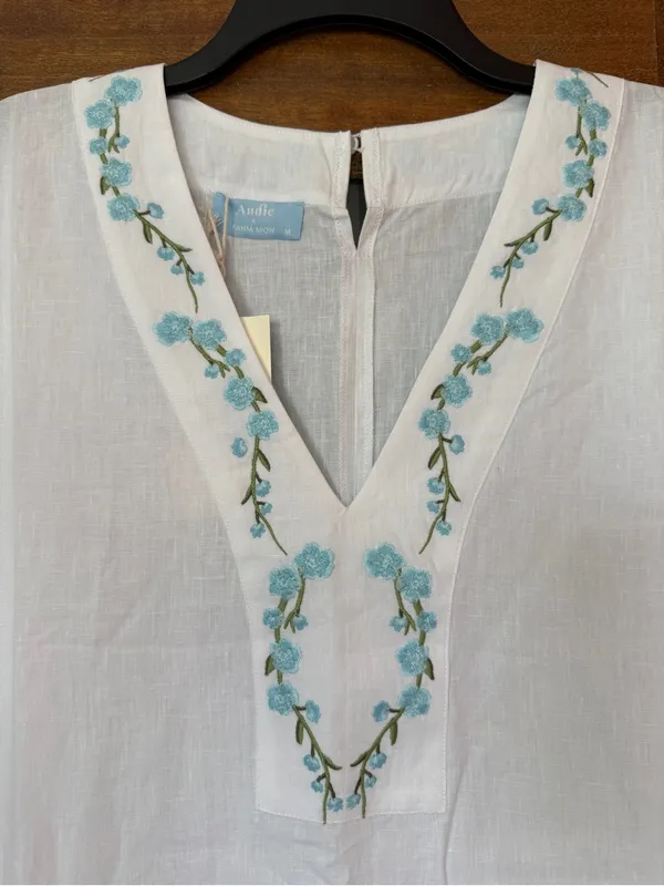 Andie x Fanm Mon Kepez Maxi LINEN Kaftan Dress Blue Floral Embroidery NWT MED - Image 3