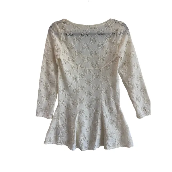 Free People Ivory Lace Tunic Top Medium Floral Sheer Long Sleeve Boho Festival - Image 3