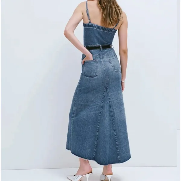 Reformation Tazz Maxi Denim Dress 0 Blue Button Front Slit Spaghetti Strap‎ Raw - Image 2