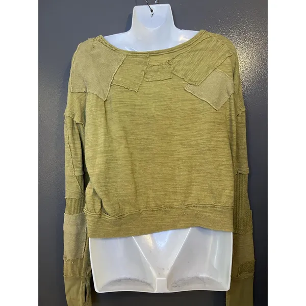 We The Free Shirt Womens Small Green Boat Neck Long Sleeve Cropped Patchwork - Image 6