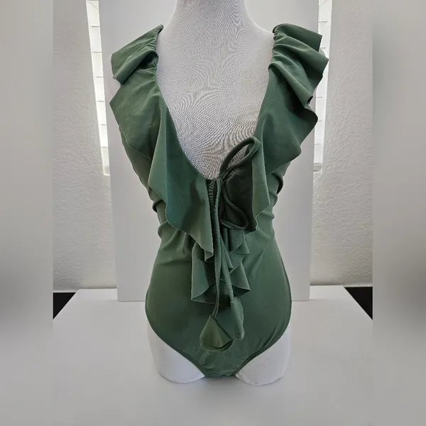 NWT Beach Joy Sage Green Cascading Ruffle One Piece Swimsuit - Large - Image 3