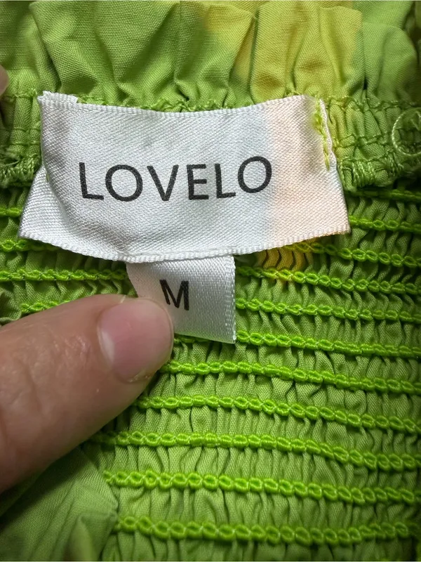 LOVELO Lime Green Smocked Tiered Cotton Dress Adjustable Ribbon Tie Straps M - Image 7
