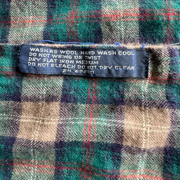 Vintage Lands End Tan Green Purple Plaid Wool Cotton Button Down Flannel Shirt M - Image 6