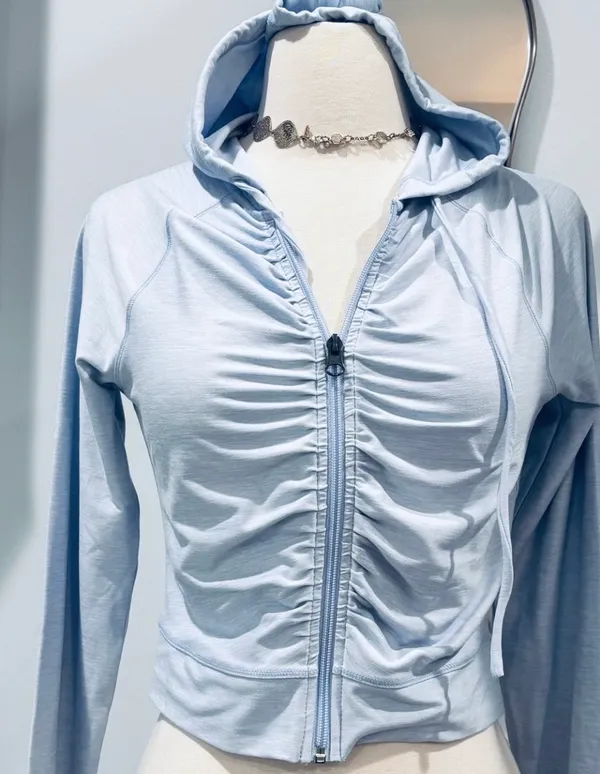 Harmony Balance Light Blue Cropped Ruched Zip-Up Hoodie - Image 6