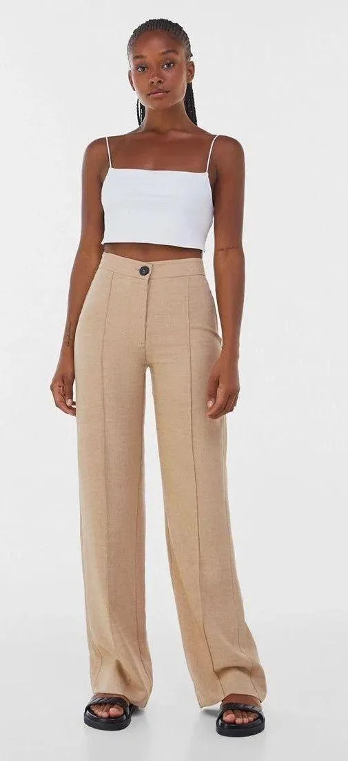 Bershka high waisted beige tan wide leg pants - Image 3