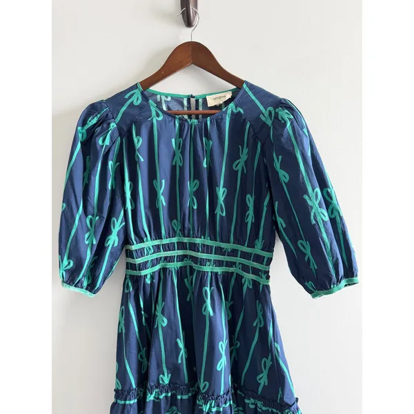 Umgee‎ Navy Blue Green Bow Print Cotton Midi Dress Medium Puff Sleeve - Image 5