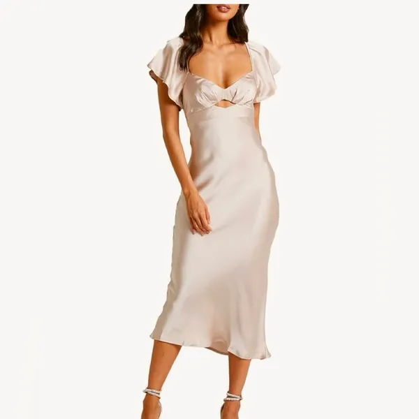 Champagne bridesmaid maxi dress formal summer gown flutter sleeves & open back - Image 3