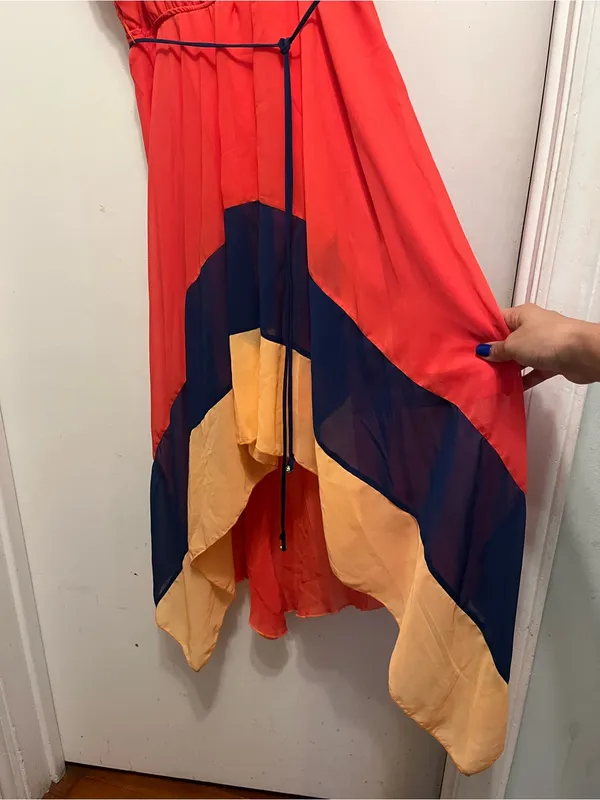Sleeveless Red Colorblock High-Low Dress with Spaghetti Straps - Image 2