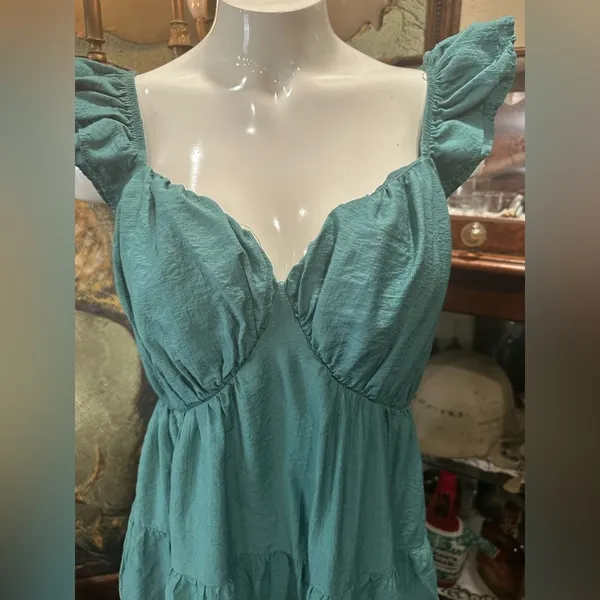 Davi & Dani Boho Minimalist Tiered Maxi Dress Teal Blue Flutter Sleeve Large - Image 7